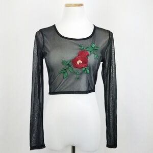 Glam Floral Embroidered Sheer Long Sleeve Crop Top